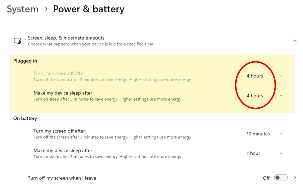 Windows sleep timeouts set to 4 hours
